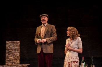 Tig (Tim Treloar) stands on a chair making a toast holding a bottle of wine, with Andrea (Anna Andresen) looking up at him adoringly. A table of drinks is below them and a section of a fireplace beside him.