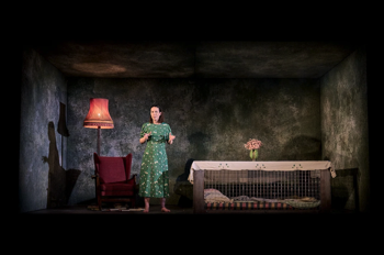 The woman (Kate O'Flynn) in a abstract room with armchair, illuminated standing lamp and a Morrison Shelter dressed with a table cloth and vase of flowers. The walls look old and stained.