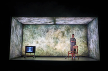 The woman (Kate O'Flynn) stood to the right side of a mould covered room, the walls glowing white. She stares at an old television set to the left shows an image of the woman.