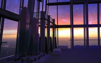 A view from the top of the Shard, London looking out through the glass at the sun rise. In the foreground is some silhouettes of the tall crystal scenic elements for the installation.
